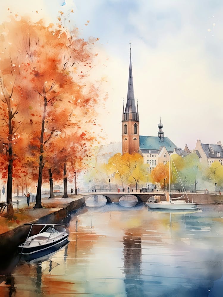 Copenhagen Denmark In Autumn Fall, Watercolour 4