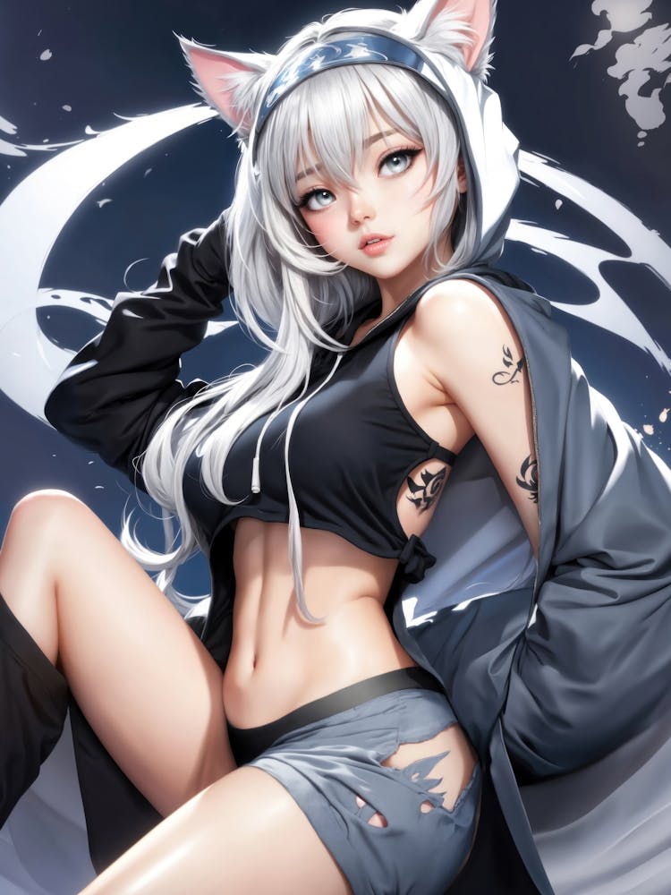 A stunning cosplay pose with a beautiful anime girl donning cat ears, blending kawaii charm with cyberpunk allure — a fantasy of cute and sexy waifu.
