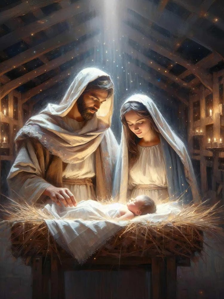 Jesus Is Born, Christian Painting, Christian Christmas Art, Nativity Art, Birth Of Jesus, Holy Family Art, Joseph Mary And Jesus, Bible Art