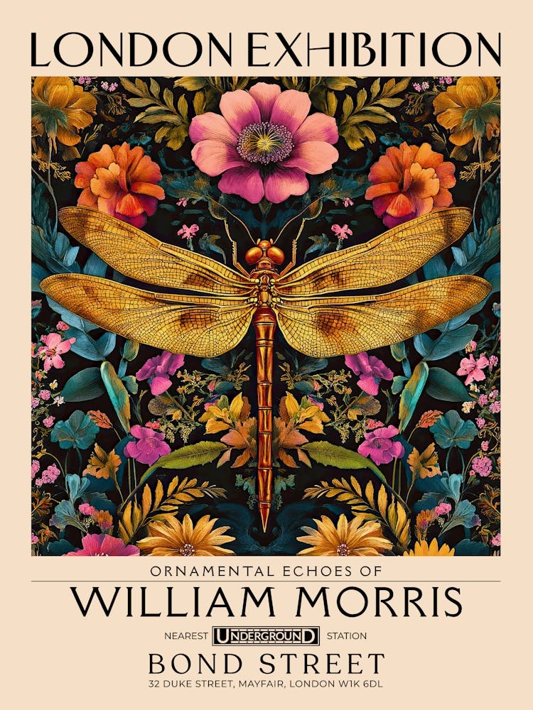William Morris Dragonfly and floral artwork, insect and flower pattern vintage Botanical print for cottagecore, maximalist decor,floral tapestry Victorian nature illustration bedroom vintage decor 30