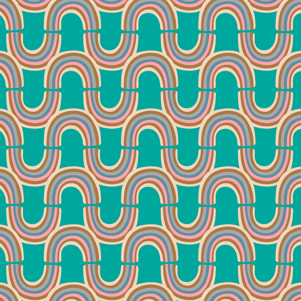 RAINBOW REFLECTION Retro Wavy Abstract Stripe in Vintage Pastel Multi-Colours on Aqua Turquoise