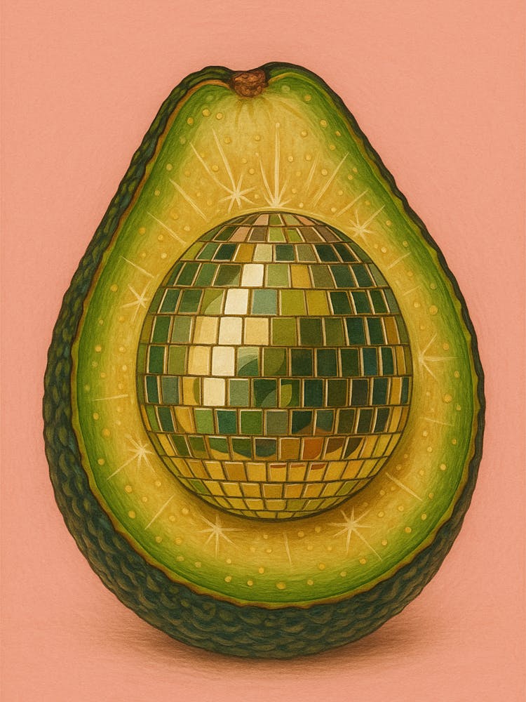 Disco Ball Avocado Pink Art Disco Poster Trendy Aesthetic Art Food Kitchen Disco Avocado