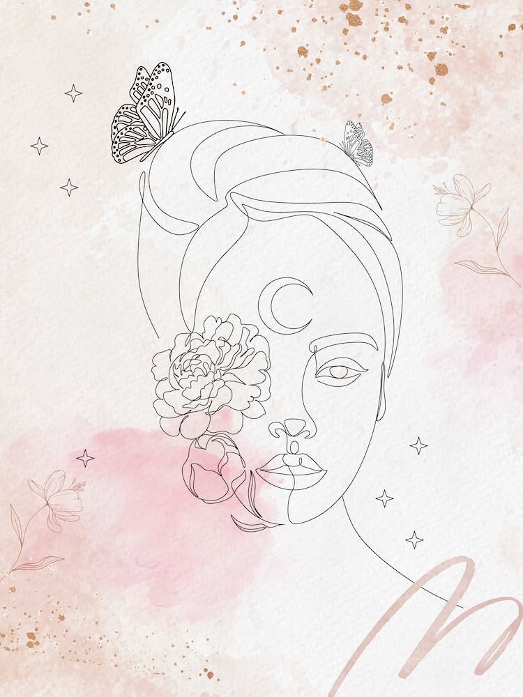 Moon Muse – Botanical Line Art Portrait