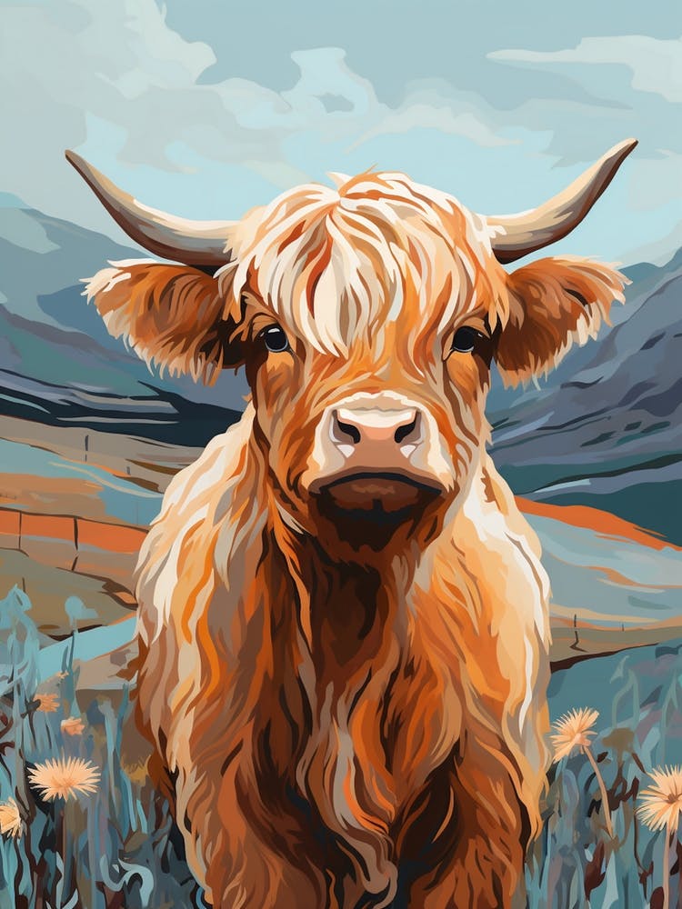 Blue Line Painting Of Highland Cow