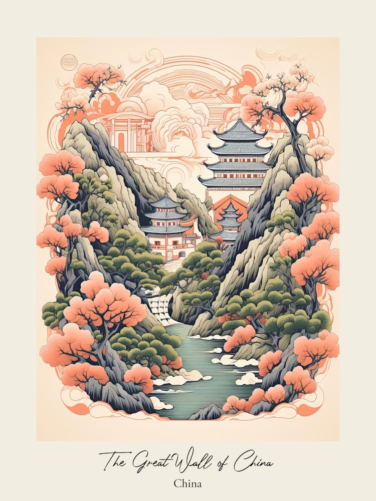 The Great Wall Of China   Cute Botanical Illustration Travel 3 Poster