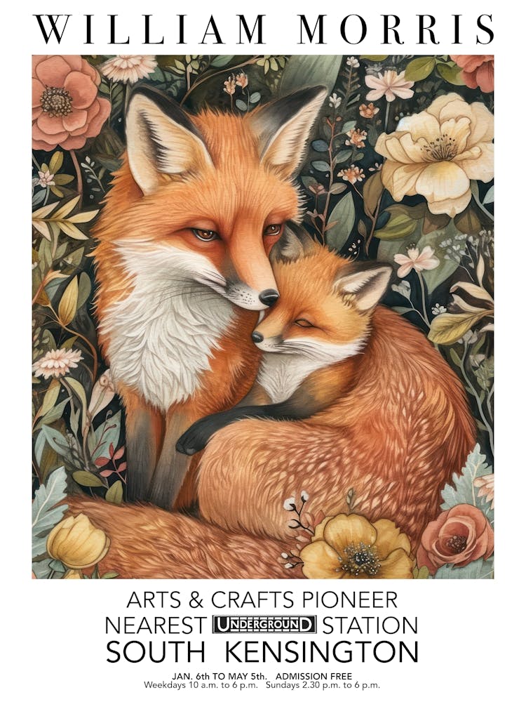 William Morris Print Fox And Cub Portrait Valentines Mothers Day Gift Flowers