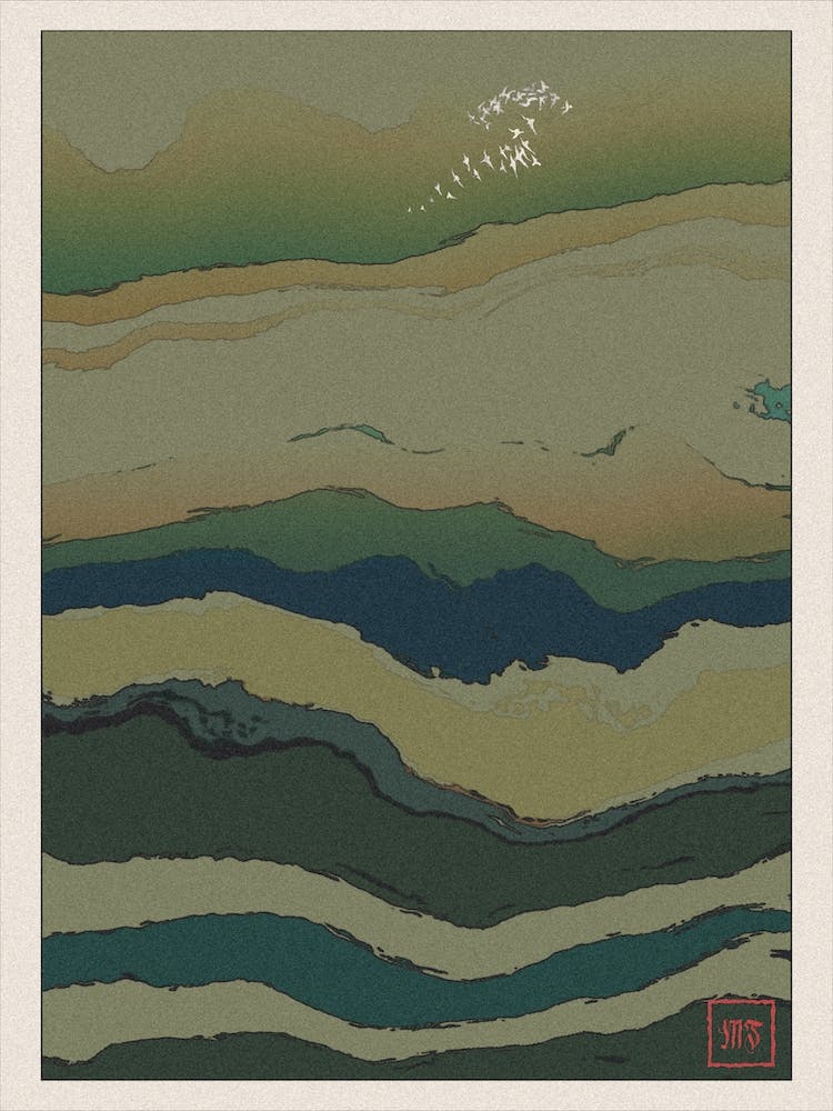 Abstract Forest Landscape Inspired By Minimalist Japanese Ukiyo E Painting Style 1