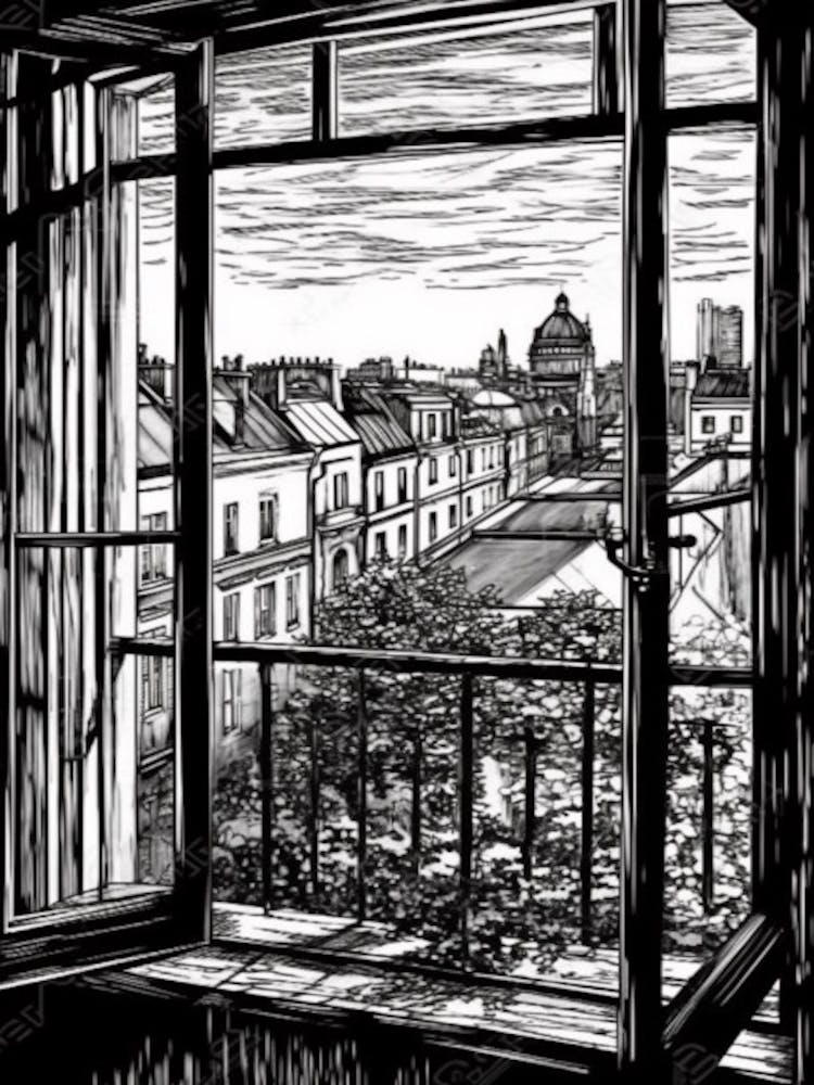A Window View Of Berlin In The Style Of Black And White  Line Art 2