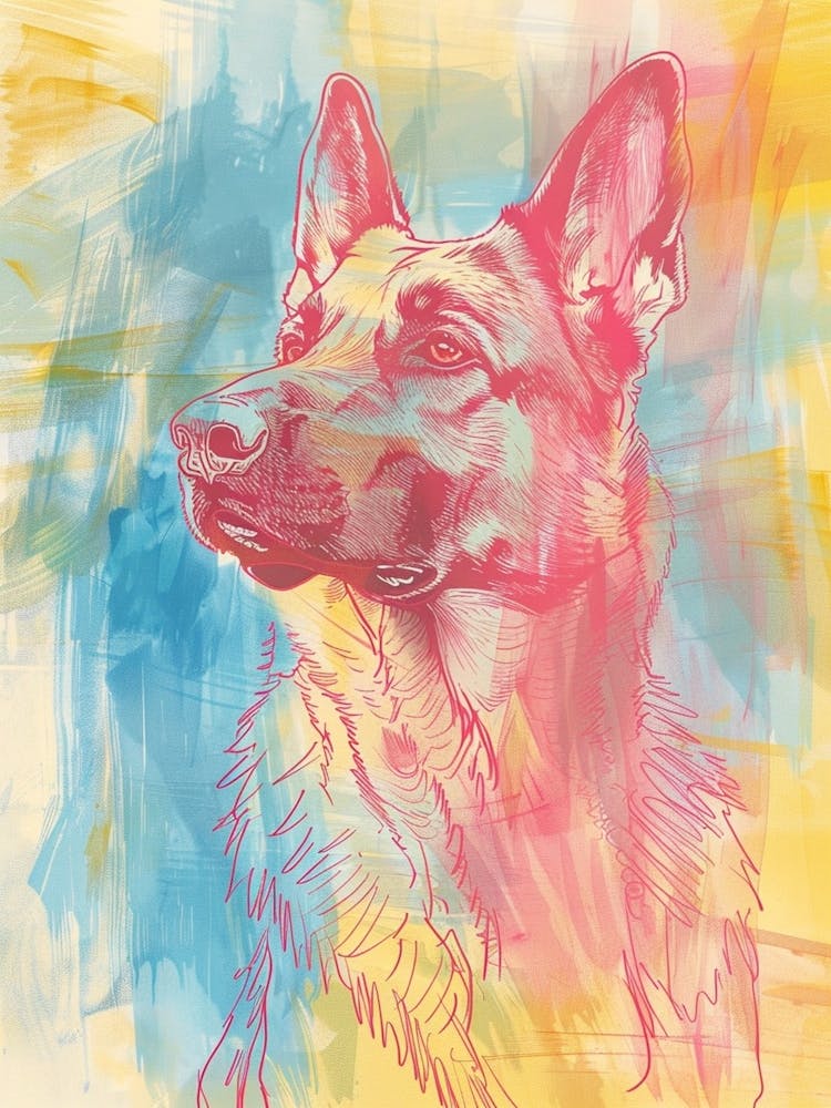 German Shepherd Dog Pastel Line Watercolour Illustration  3