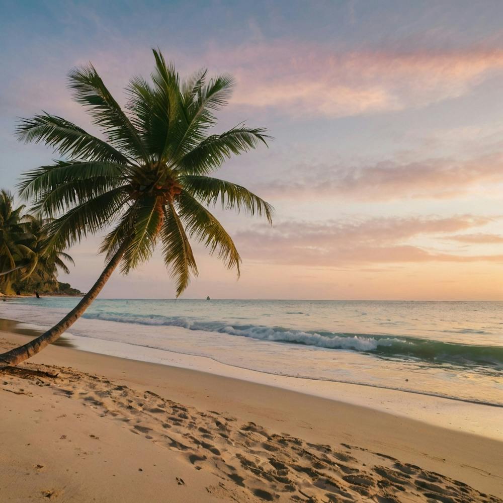 Sunset On A Beautiful Beach With Palm Trees 