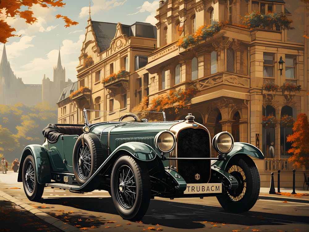 Retro Luxury Ride – Nostalgic Car Illustration In Autumn