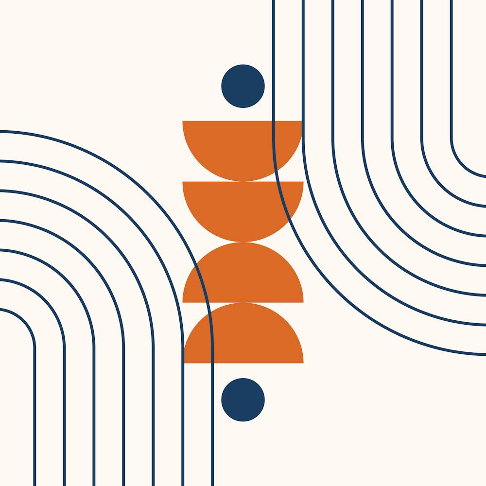 Modern Mid Century Sun, Moon Phases and Rainbow Abstract 38 in Navy Blue and Burnt Orange