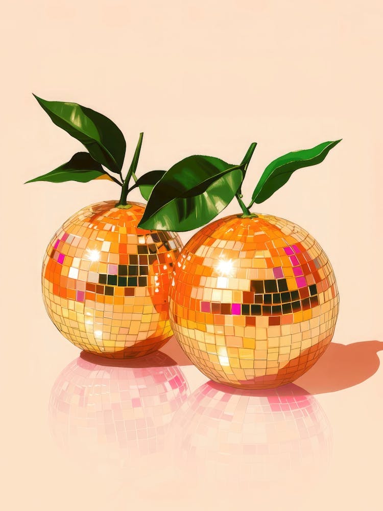 Disco ball oranges Pop art surreal print in Warm pastel for funky kitchens or dining room, Funky fruit minimalist artwork modern home decor, retro style Playful Orange mirror balls trendy wall art