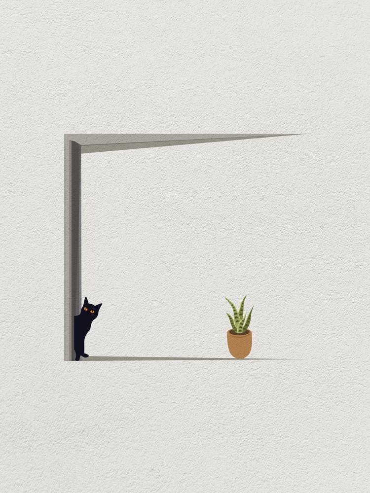 Minimalistische Kunst einer Katze, die neben einer Tür hervorlugt