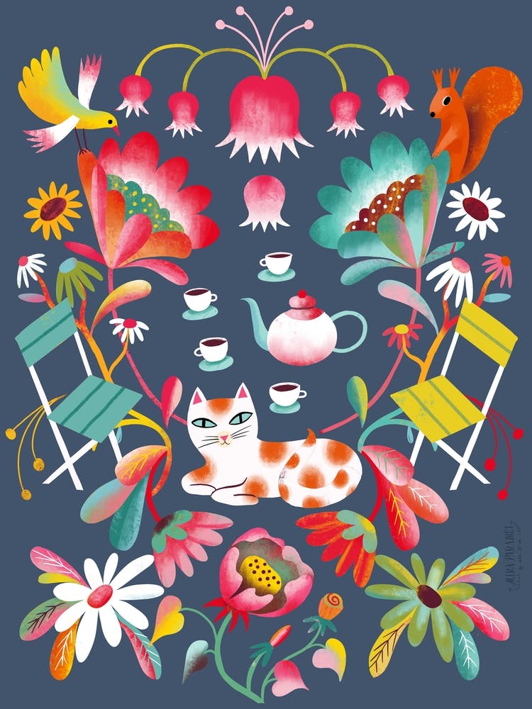 Folk Art Garden Party With Cat