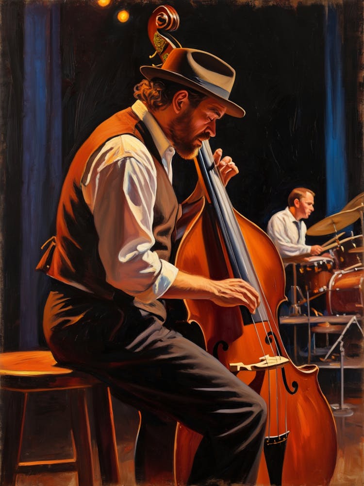 Impressionist oil painting style of a soulful jazz musician playing an upright bass.