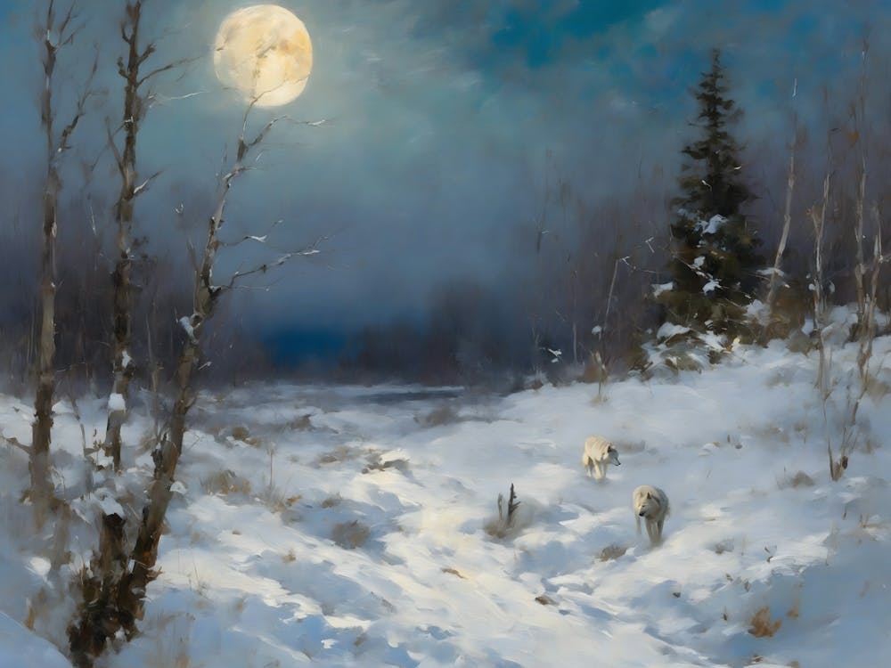 Wolves in Moonlight Snow