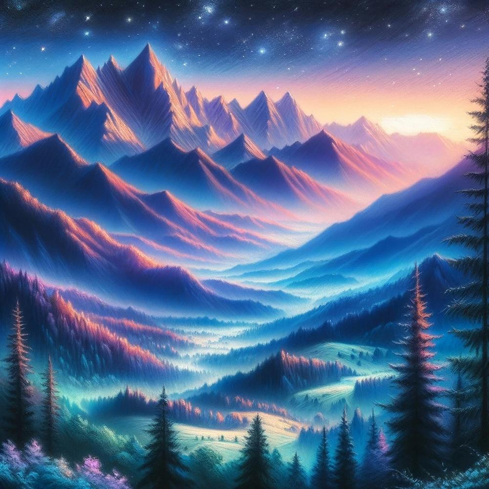 Whimsical Pastel Mountain Valley Landscape Twilight