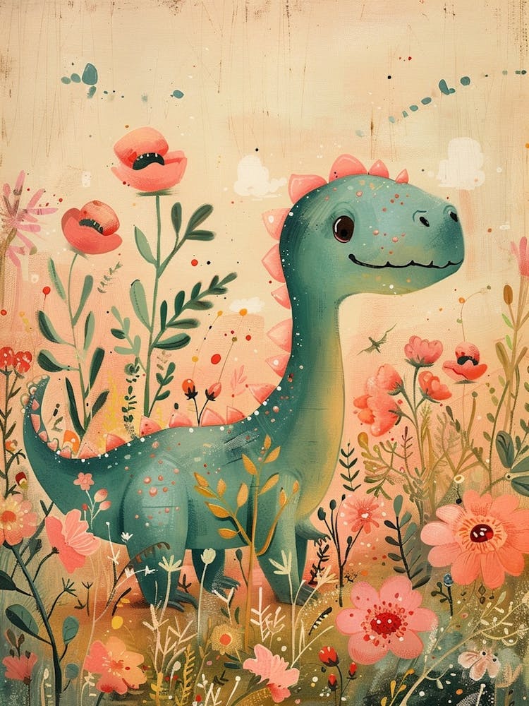 Cute Dinosaur In A Meadow Storybook Painting 2