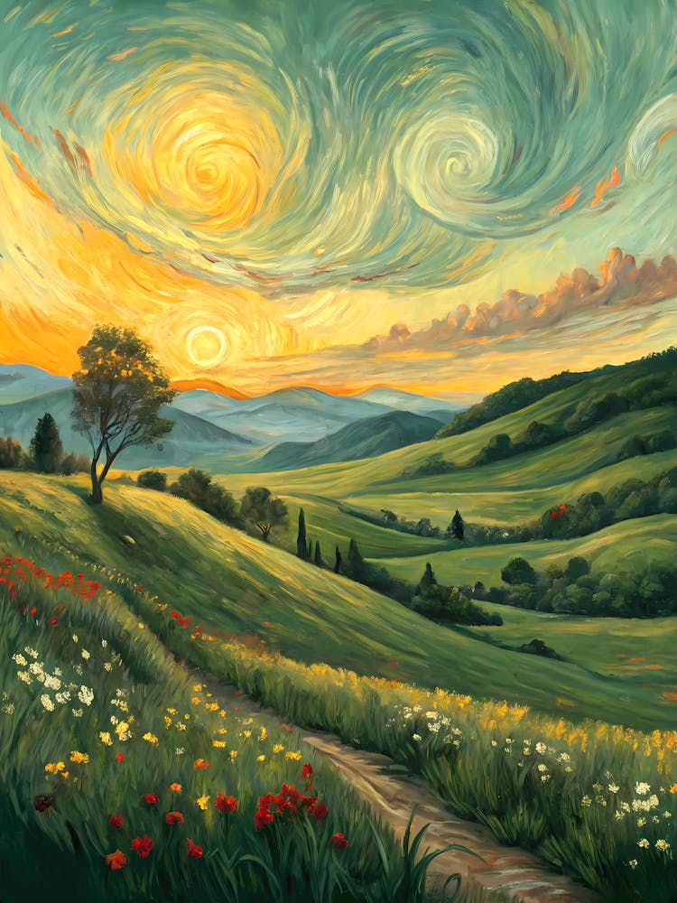 Van Gogh Rolling Hills Sunset Landscape & Wildflowers