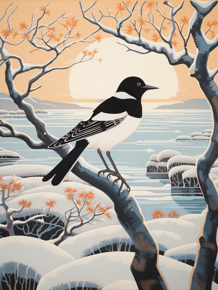 Peinture d'oiseau d'hiver Pie 5