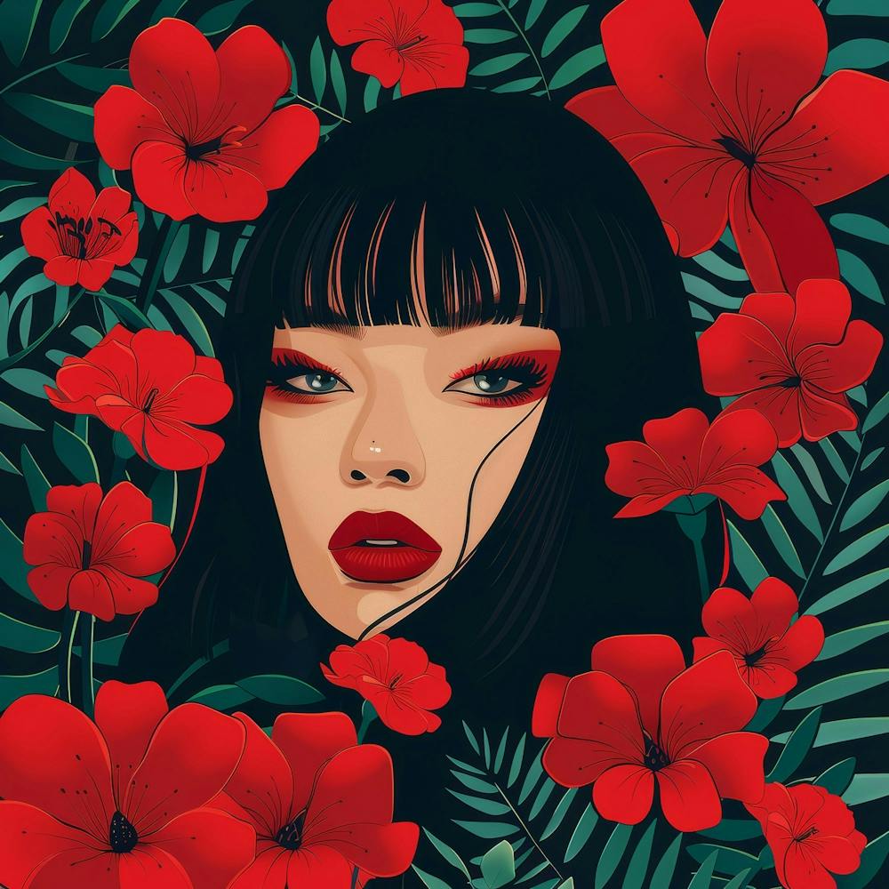 Asian Girl With Red Flowers 1