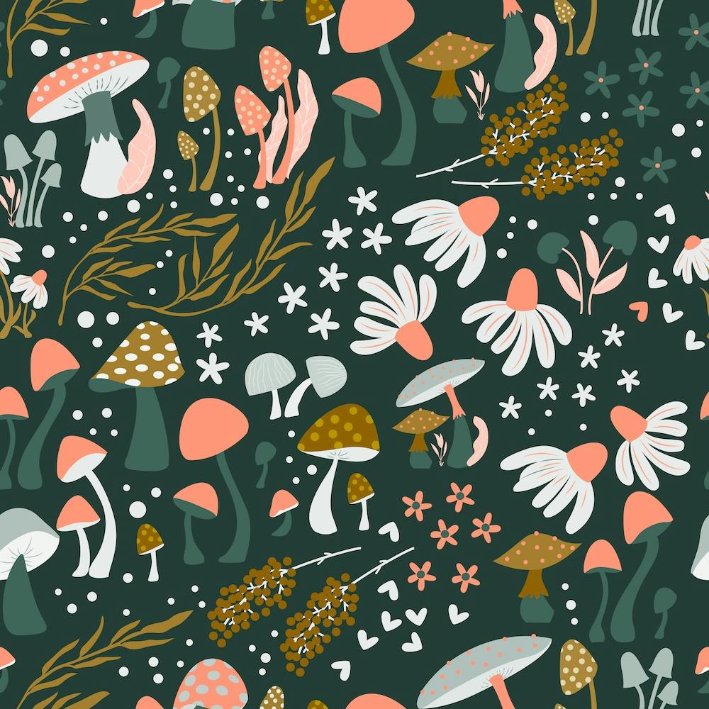 Mushrooms And Flower Pattern On Green Square