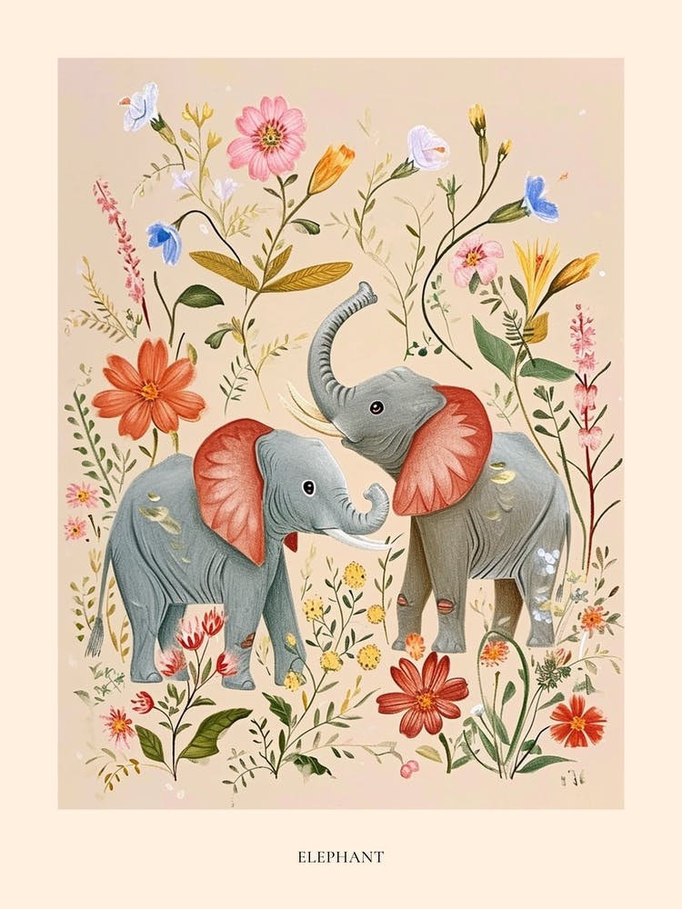 Folksy Floral Animal Drawing Elephant 1 Poster