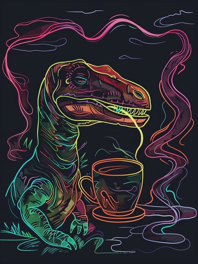 Neon-Dinosaurier Kaffee Trinkend Linienillustration