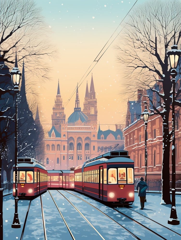 Winter Travel Night Illustration Budapest Hungary 3
