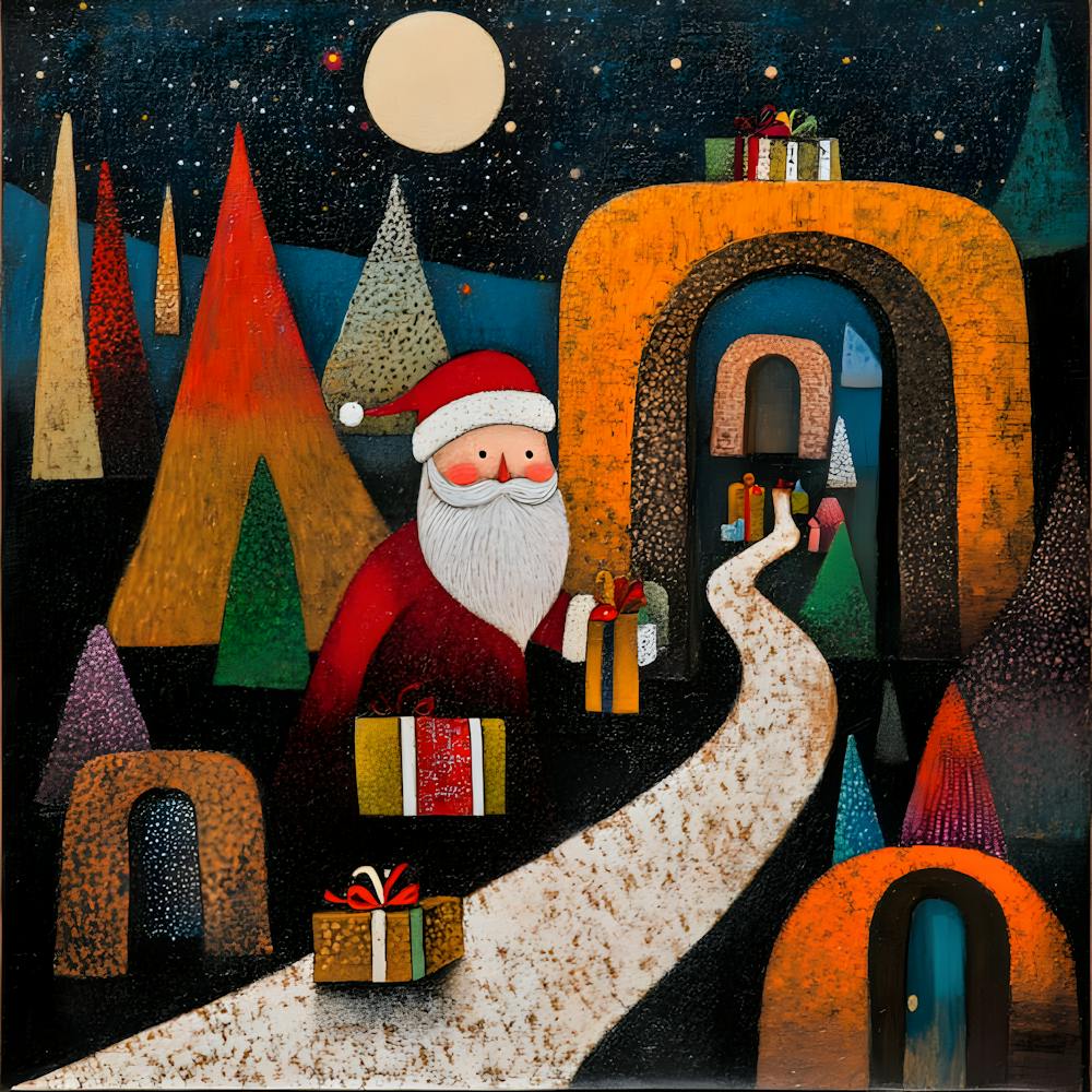 Whimsical Santa Claus Pathway Art Abstract Christmas Night With Gifts And Festive Trees