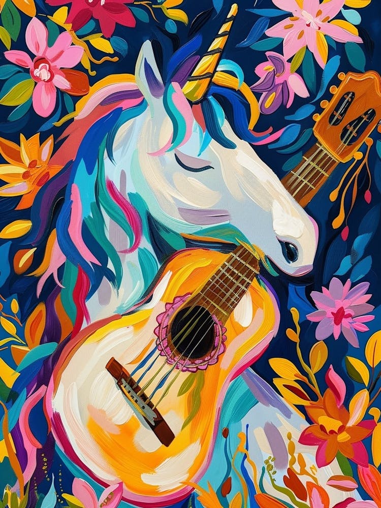 Unicorn Playing Acoustic Guitar Floral Fauvism