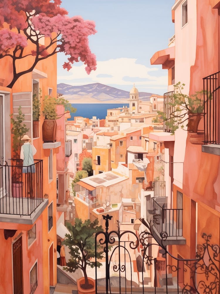 Tenerife Spain 1 Vintage Pink Travel Illustration