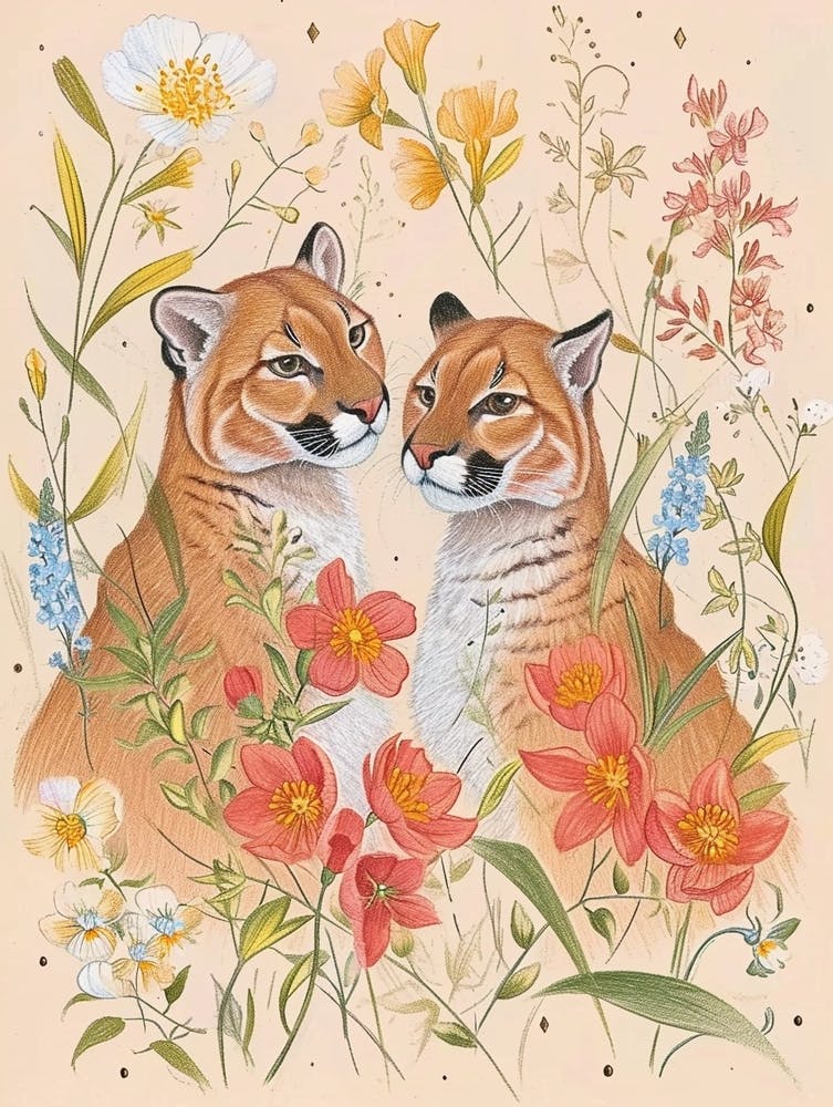 Folksy Floral Animal Drawing Mountain Lion