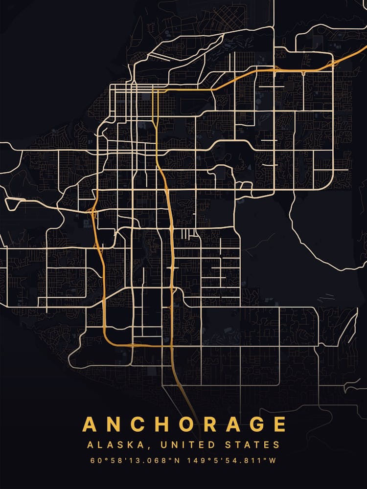 Anchorage Alaska USA Black And Gold Map