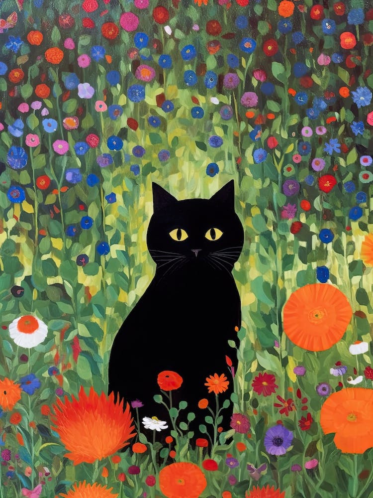 Flower Garden And A Black Cat, Inspired By Klimt 2