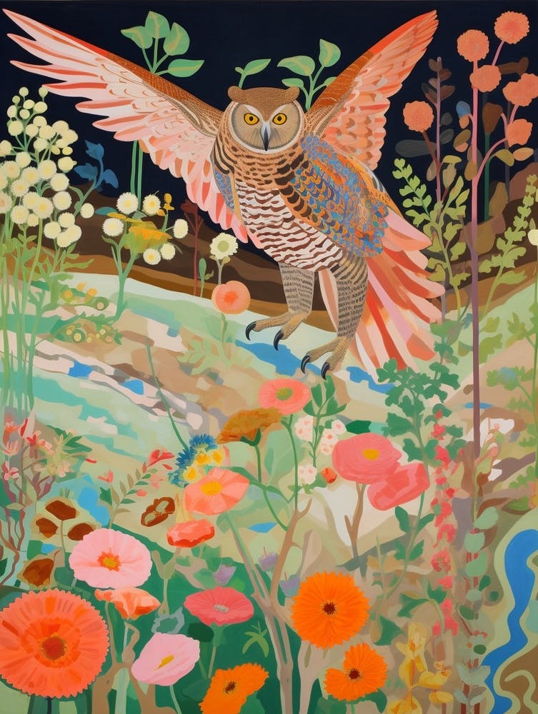 Maximalist Bird Painting Great Horned Owl 2