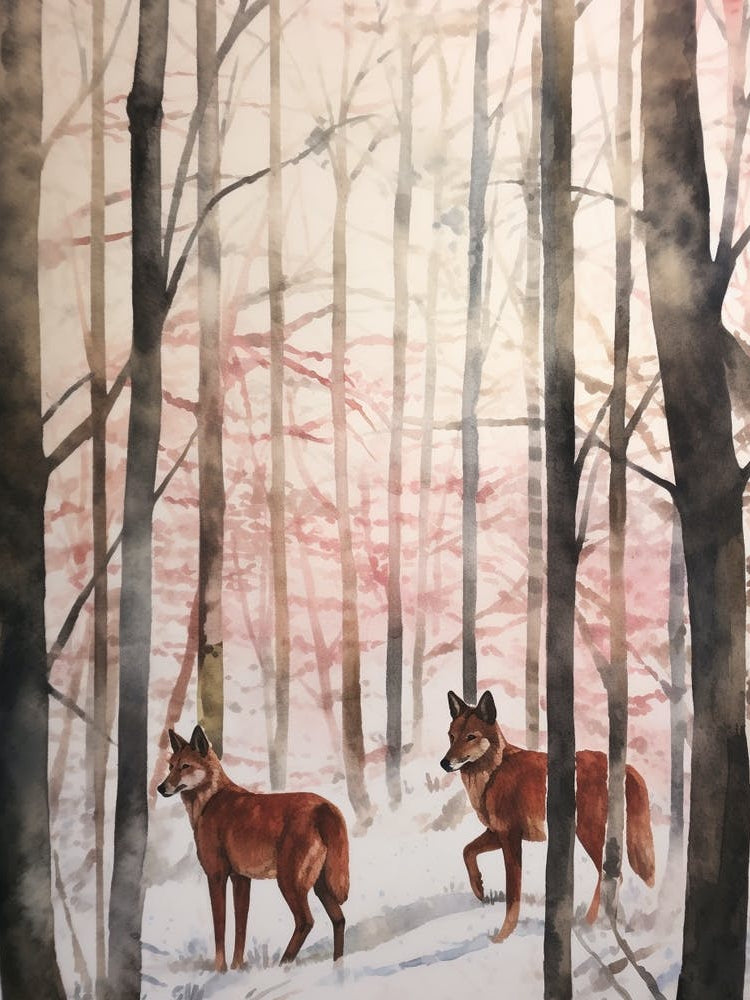 Winter Watercolour Red Wolf 3