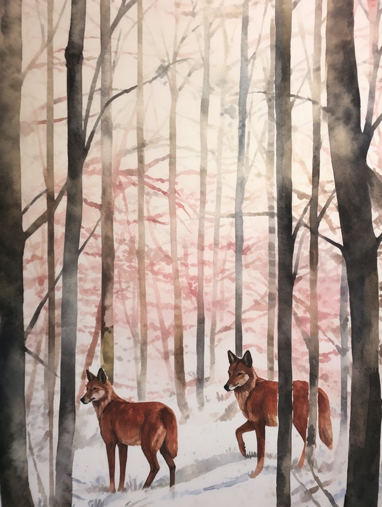 Winter Watercolour Red Wolf 3