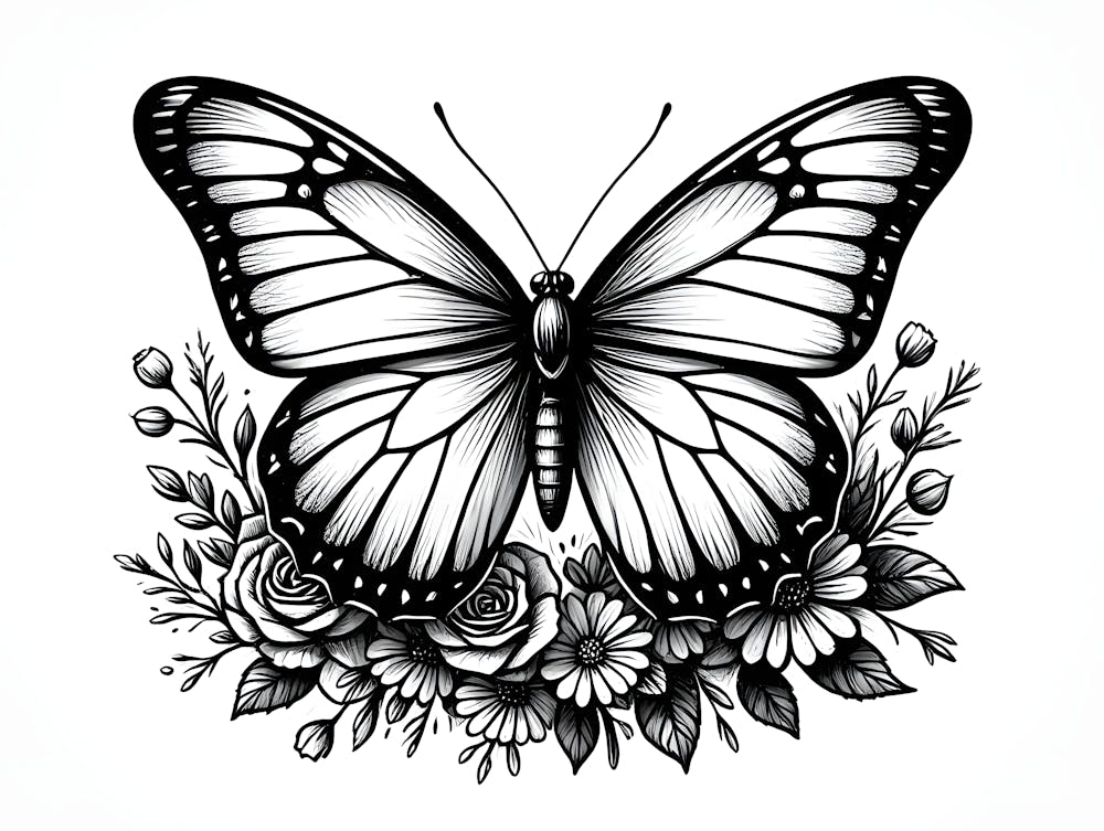 Butterfly & Floral Harmony – A Delicate Black and White