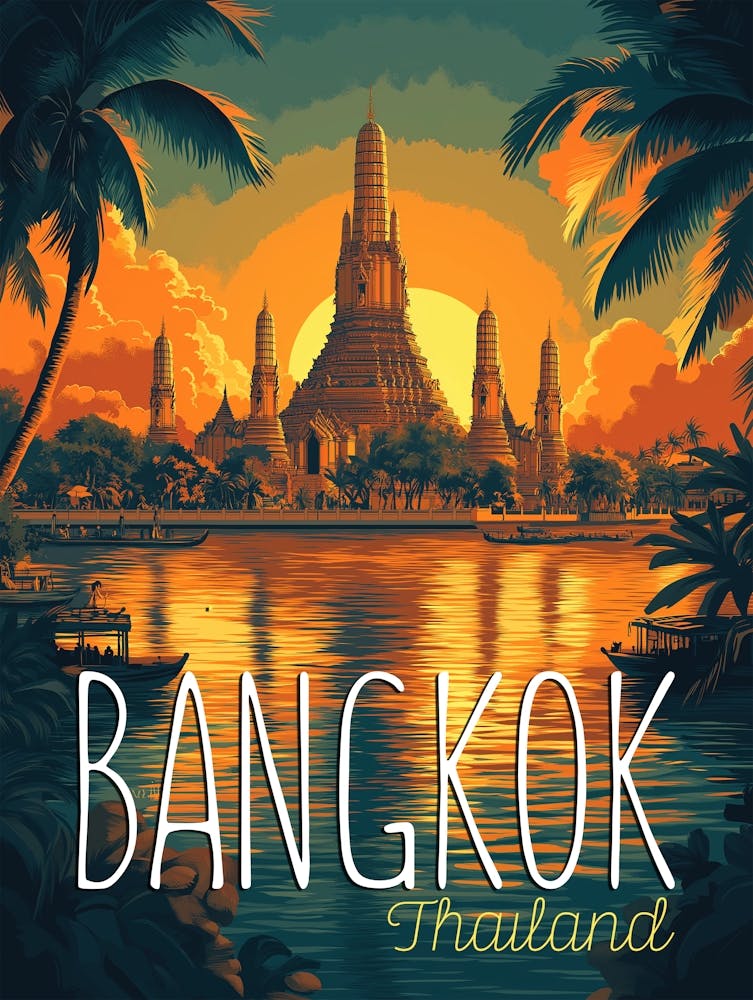 Bangkok, Wat Arun Temple Retro Travel Poster