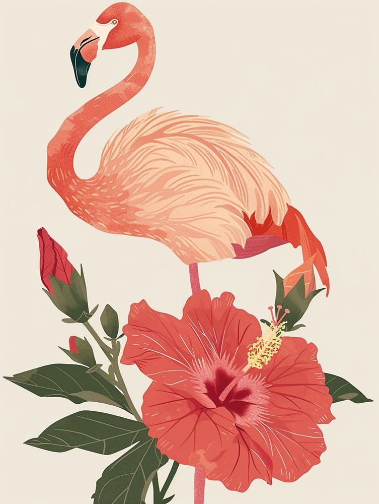 Jamess Flamingo And Hibiscus Minimalist Illustration 4