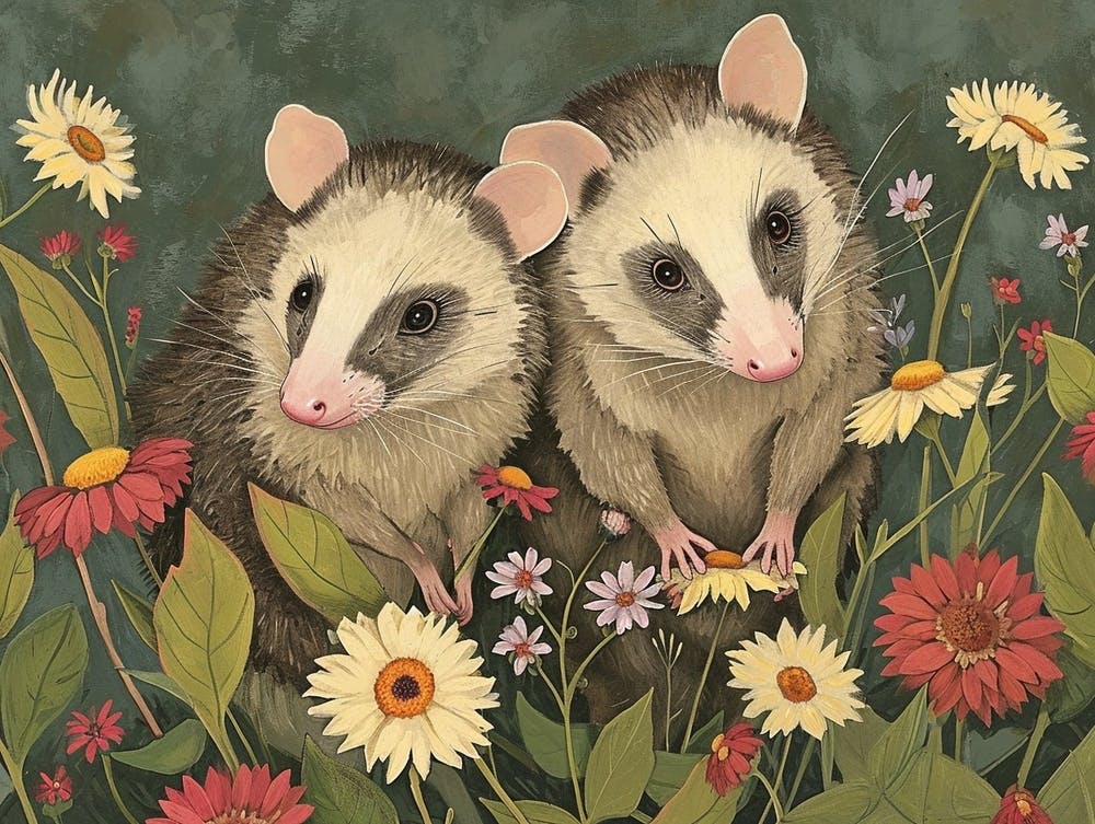 Floral Animal Illustration Opossum 1