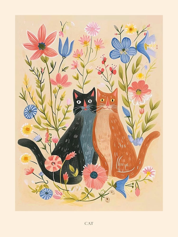 Folksy Floral Animal Drawing Cat 5 Poster