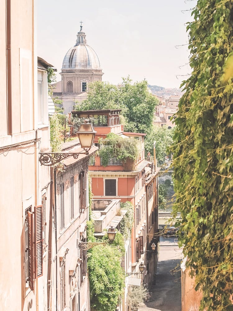 Rome, Italie I Vue panoramique estivale pastel sur les toits de Rome depuis une rue tranquille de Trastevere avec clocher, verdure naturelle, photographie d'architecture et lumière méditerranéenne la dolce vita