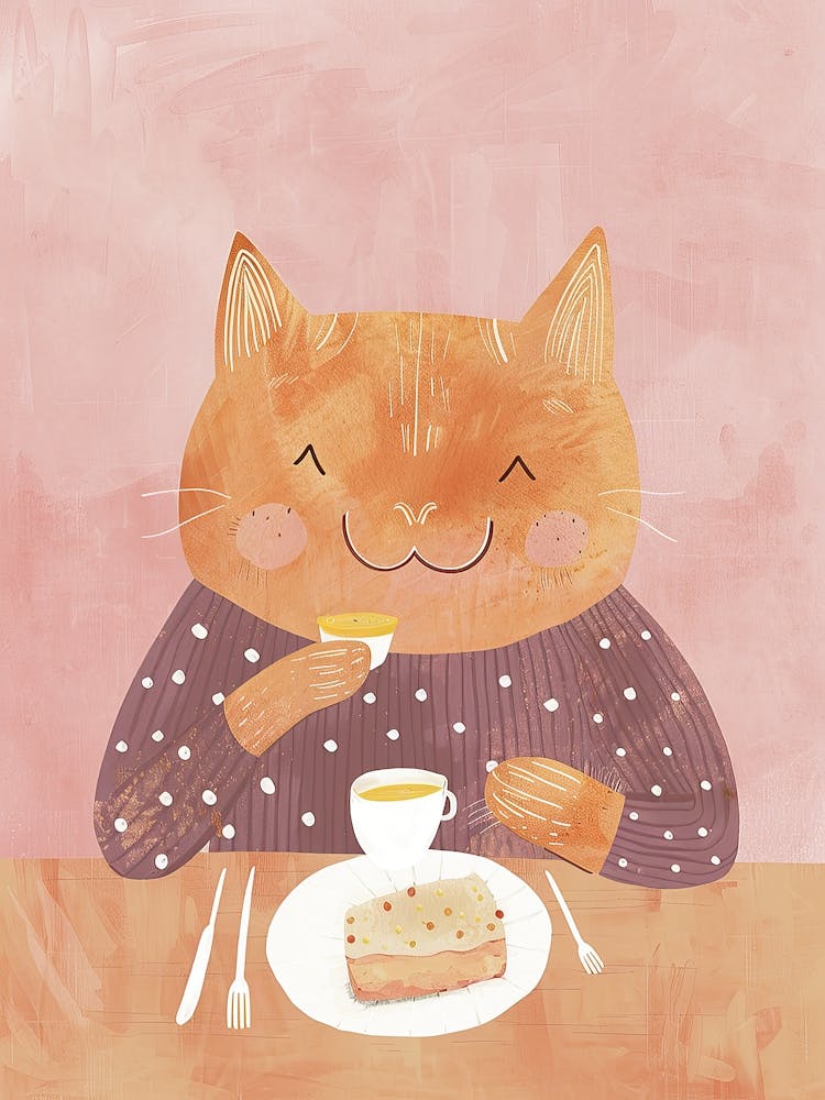 Tan Cat Having Breakfast Folk Illustration 2