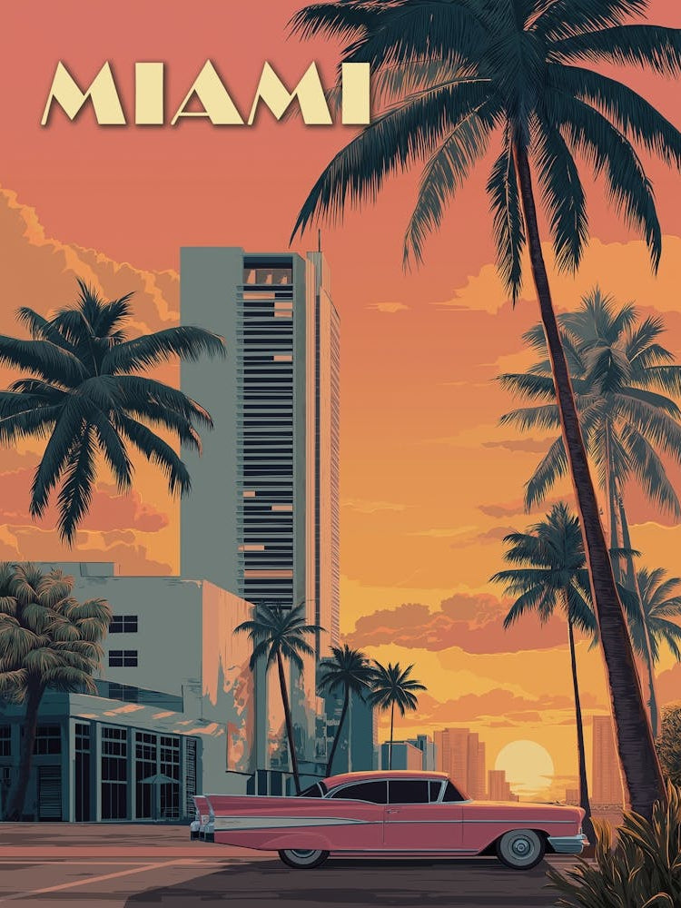 Vintage Miami Florida Travel Poster – Art Deco Skyscrapers & Classic Car Art