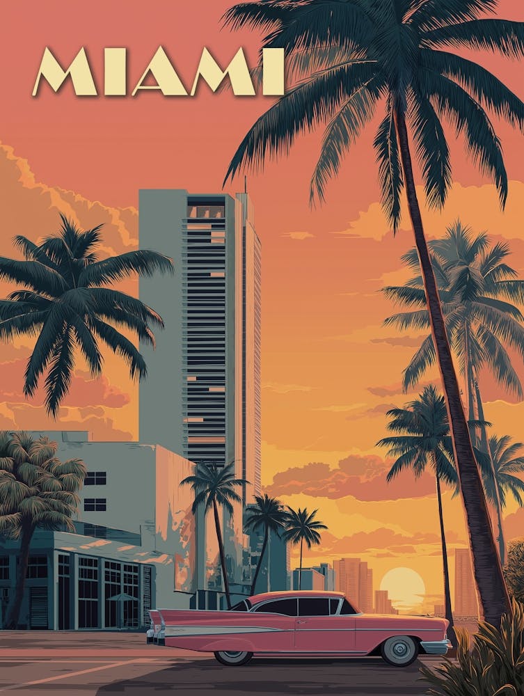 Vintage Miami Florida Travel Poster – Art Deco Skyscrapers & Classic Car Art