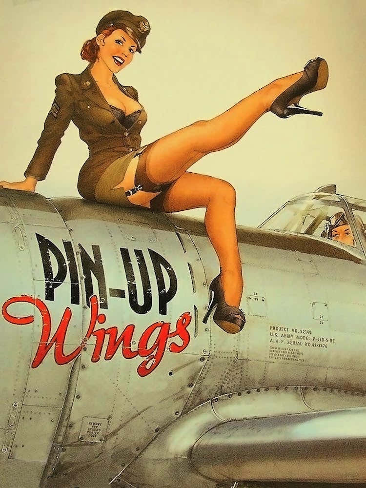 Pin Up Girl on Airplane Wings WW2 Vintage Poster