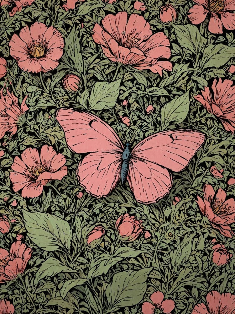 Pink Flowers And Butterflies